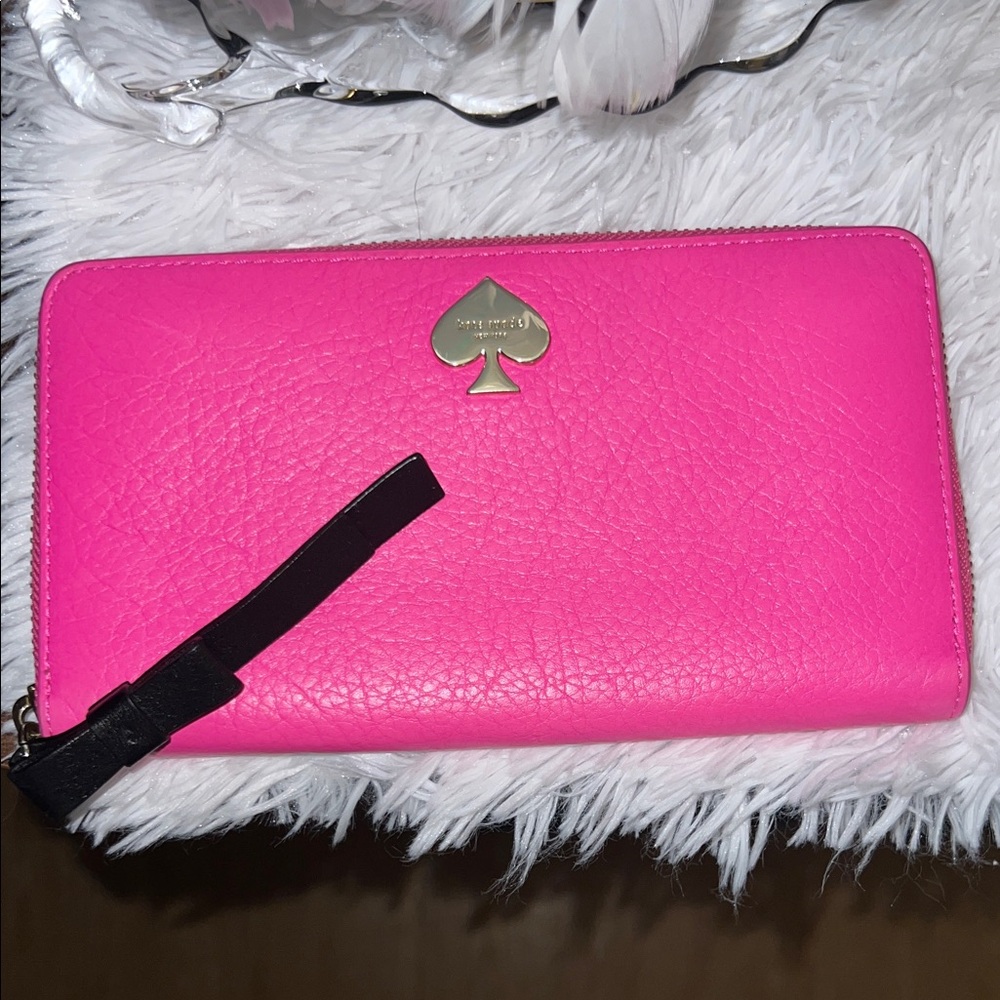 kate spade Hot Pink Leather Zip Wristlet Wallet with Gold Spade Logo